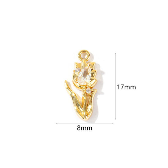 2 個 エコフレンドリー 真鍮 チャーム 卸売り 18Kリアルゴールドメッキ チューリップ クリア ジルコン 17mm x 8mm、 の画像