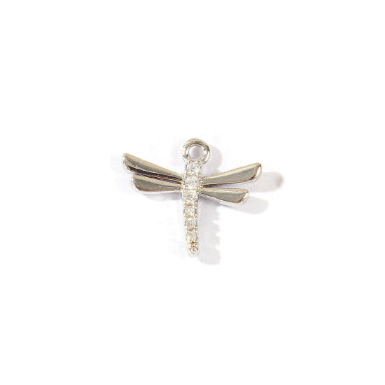 Bild von 2 Stück Umweltfreundlich Messing Insekt Charms Großhandel Echt Platin plattiert Libellen Klar Kubischer Zirkon 13mm x 11mm