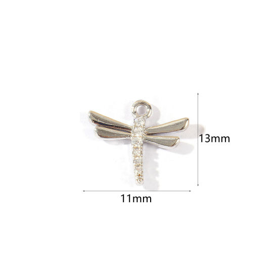 Bild von 2 Stück Umweltfreundlich Messing Insekt Charms Großhandel Echt Platin plattiert Libellen Klar Kubischer Zirkon 13mm x 11mm