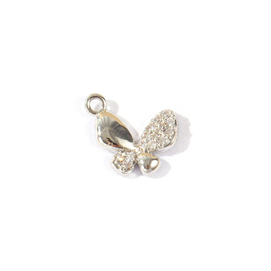 Bild von 2 Stück Umweltfreundlich Messing Insekt Charms Großhandel Echt Platin plattiert Schmetterling Klar Kubischer Zirkon 11mm x 8.5mm
