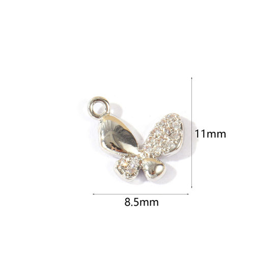 Bild von 2 Stück Umweltfreundlich Messing Insekt Charms Großhandel Echt Platin plattiert Schmetterling Klar Kubischer Zirkon 11mm x 8.5mm