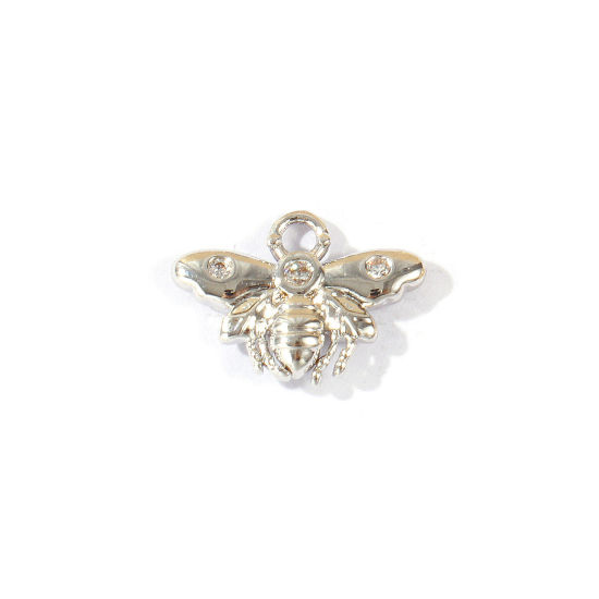 Bild von 2 Stück Umweltfreundlich Messing Insekt Charms Großhandel Echt Platin plattiert Biene Klar Kubischer Zirkon 12.5mm x 9mm