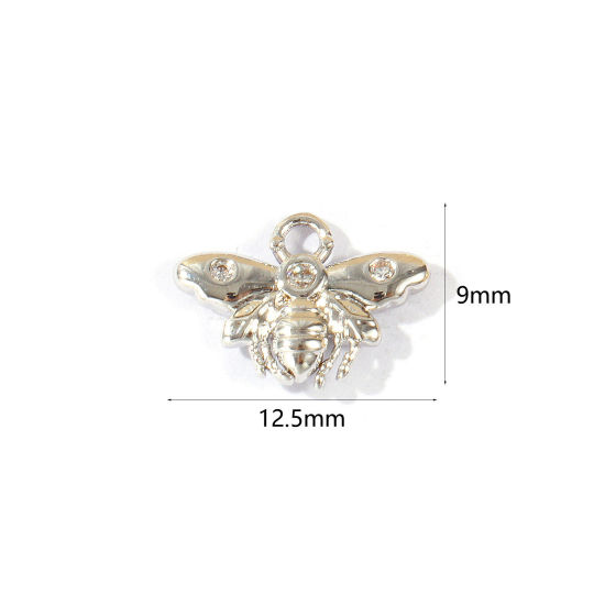 Bild von 2 Stück Umweltfreundlich Messing Insekt Charms Großhandel Echt Platin plattiert Biene Klar Kubischer Zirkon 12.5mm x 9mm