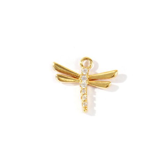 Bild von 2 Stück Umweltfreundlich Messing Insekt Charms Großhandel 18K Echtgold plattiert Libellen Klar Kubischer Zirkon 13mm x 11mm