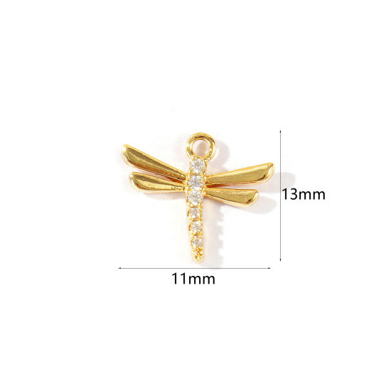 Bild von 2 Stück Umweltfreundlich Messing Insekt Charms Großhandel 18K Echtgold plattiert Libellen Klar Kubischer Zirkon 13mm x 11mm