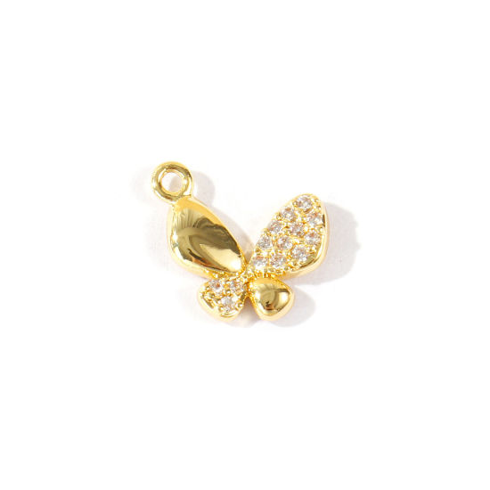 Bild von 2 Stück Umweltfreundlich Messing Insekt Charms Großhandel 18K Echtgold plattiert Schmetterling Klar Kubischer Zirkon 11mm x 8.5mm