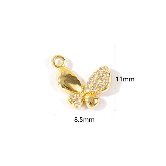 Bild von 2 Stück Umweltfreundlich Messing Insekt Charms Großhandel 18K Echtgold plattiert Schmetterling Klar Kubischer Zirkon 11mm x 8.5mm