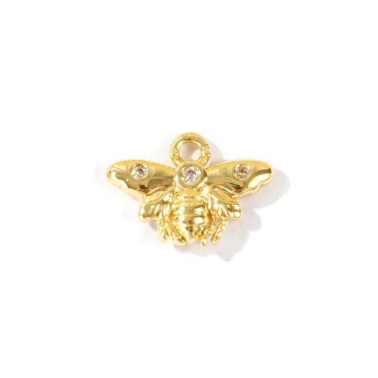 Bild von 2 Stück Umweltfreundlich Messing Insekt Charms Großhandel 18K Echtgold plattiert Biene Klar Kubischer Zirkon 12.5mm x 9mm