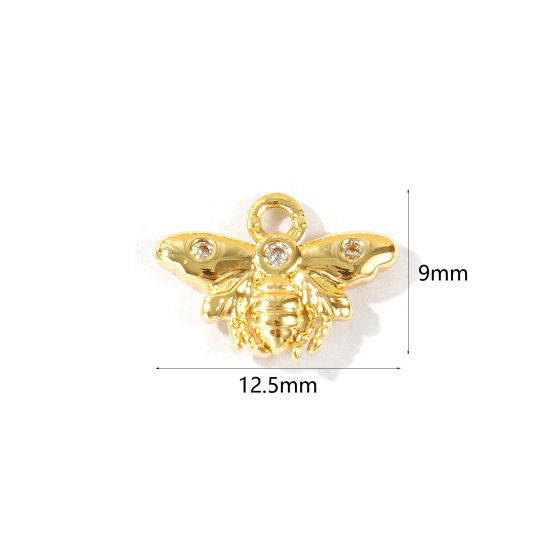 Bild von 2 Stück Umweltfreundlich Messing Insekt Charms Großhandel 18K Echtgold plattiert Biene Klar Kubischer Zirkon 12.5mm x 9mm