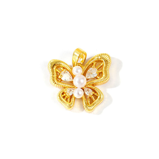 Imagen de 2 Unidades Latón Style Of Royal Court Character Colgantes Charms Al Por Mayor Chapado en Oro de 18K Mariposa Encaje Hueco Claro Circón Artificial 20mm x 18mm