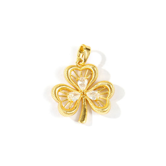 Imagen de 2 Unidades Latón Style Of Royal Court Character Colgantes Charms Al Por Mayor Chapado en Oro de 18K Hoja Encaje Hueco Claro Circón Artificial 24mm x 19mm