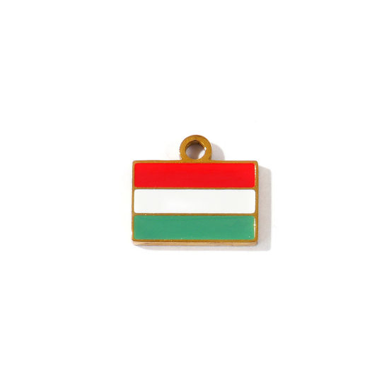 Picture of 2 PCs Eco-friendly PVD 304 Stainless Steel Sport Charms Wholesale 18K Gold Plated Multicolor Enamel Rectangle Hungary Flag 15mm x 13mm