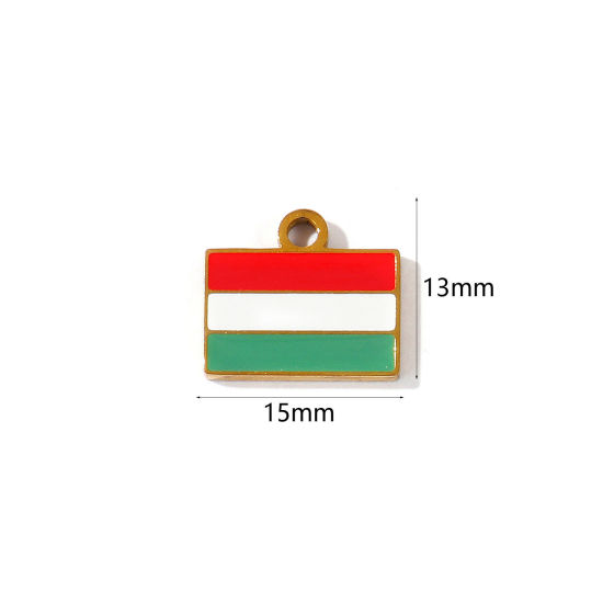 Picture of 2 PCs Eco-friendly PVD 304 Stainless Steel Sport Charms Wholesale 18K Gold Plated Multicolor Enamel Rectangle Hungary Flag 15mm x 13mm