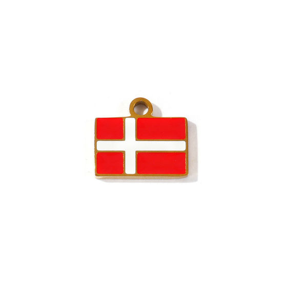 Picture of 2 PCs Eco-friendly PVD 304 Stainless Steel Sport Charms Wholesale 18K Gold Plated White & Red Enamel Rectangle Danish Flag 15mm x 13mm