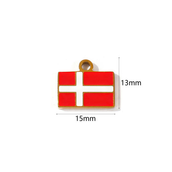 Picture of 2 PCs Eco-friendly PVD 304 Stainless Steel Sport Charms Wholesale 18K Gold Plated White & Red Enamel Rectangle Danish Flag 15mm x 13mm