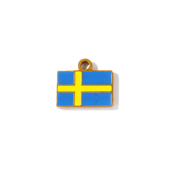 Picture of 2 PCs Eco-friendly PVD 304 Stainless Steel Sport Charms Wholesale 18K Gold Plated Yellow & Blue Enamel Rectangle Sweden Flag 15mm x 13mm