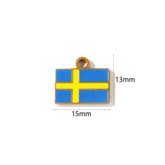 Picture of 2 PCs Eco-friendly PVD 304 Stainless Steel Sport Charms Wholesale 18K Gold Plated Yellow & Blue Enamel Rectangle Sweden Flag 15mm x 13mm