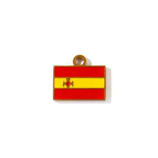 Picture of 2 PCs Eco-friendly PVD 304 Stainless Steel Sport Charms Wholesale 18K Gold Plated Red & Yellow Enamel Rectangle Spanish Flag 15mm x 13mm