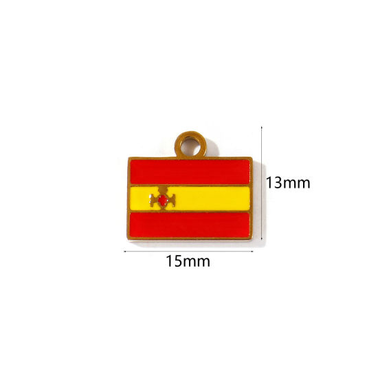 Picture of 2 PCs Eco-friendly PVD 304 Stainless Steel Sport Charms Wholesale 18K Gold Plated Red & Yellow Enamel Rectangle Spanish Flag 15mm x 13mm