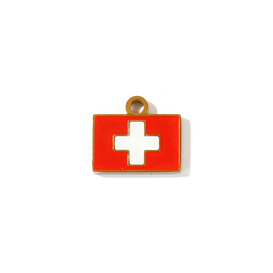 Picture of 2 PCs Eco-friendly PVD 304 Stainless Steel Sport Charms Wholesale 18K Gold Plated White & Red Enamel Rectangle Switzerland Flag 15mm x 13mm