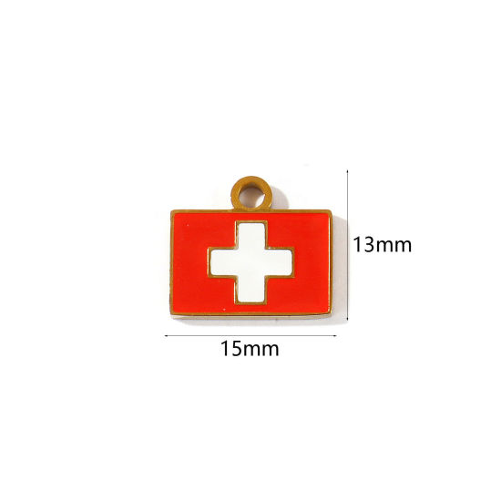 Picture of 2 PCs Eco-friendly PVD 304 Stainless Steel Sport Charms Wholesale 18K Gold Plated White & Red Enamel Rectangle Switzerland Flag 15mm x 13mm