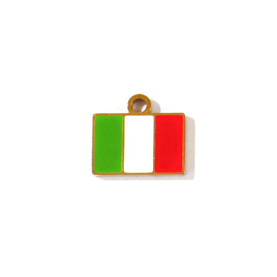 Picture of 2 PCs Eco-friendly PVD 304 Stainless Steel Sport Charms Wholesale 18K Gold Plated Multicolor Enamel Rectangle Italian Flag 15mm x 13mm