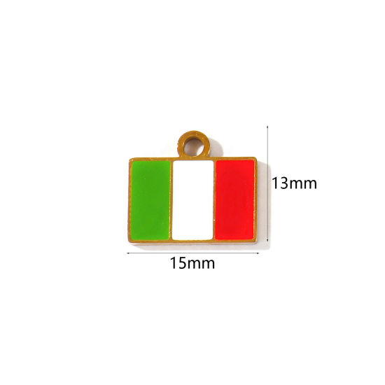 Picture of 2 PCs Eco-friendly PVD 304 Stainless Steel Sport Charms Wholesale 18K Gold Plated Multicolor Enamel Rectangle Italian Flag 15mm x 13mm