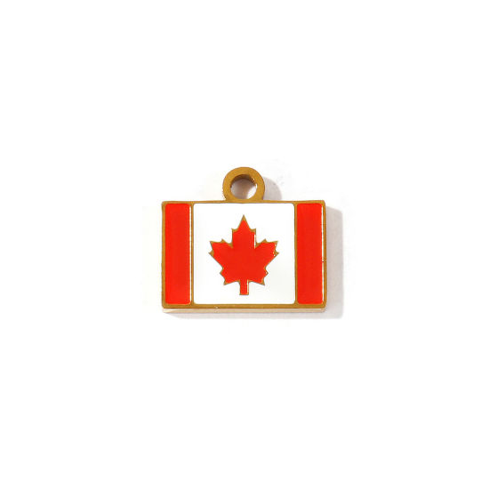 Picture of 2 PCs Eco-friendly PVD 304 Stainless Steel Sport Charms Wholesale 18K Gold Plated Orange-red Enamel Rectangle Flag Of Canada 15mm x 13mm