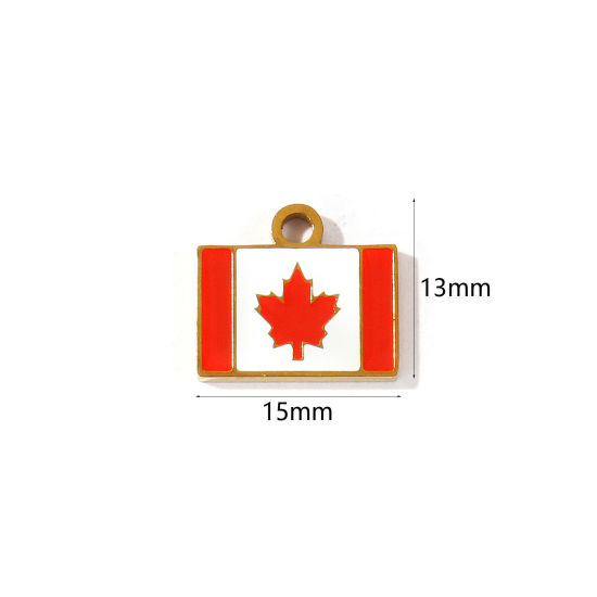 Picture of 2 PCs Eco-friendly PVD 304 Stainless Steel Sport Charms Wholesale 18K Gold Plated Orange-red Enamel Rectangle Flag Of Canada 15mm x 13mm