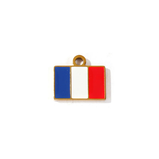 Picture of 2 PCs Eco-friendly PVD 304 Stainless Steel Sport Charms Wholesale 18K Gold Plated Multicolor Enamel Rectangle French Flag 15mm x 13mm