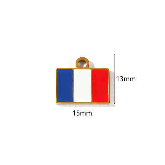 Picture of 2 PCs Eco-friendly PVD 304 Stainless Steel Sport Charms Wholesale 18K Gold Plated Multicolor Enamel Rectangle French Flag 15mm x 13mm