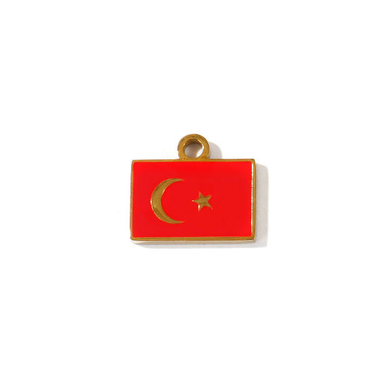 Picture of 2 PCs Eco-friendly PVD 304 Stainless Steel Sport Charms Wholesale 18K Gold Plated Red Enamel Rectangle Turkish Flag 15mm x 13mm
