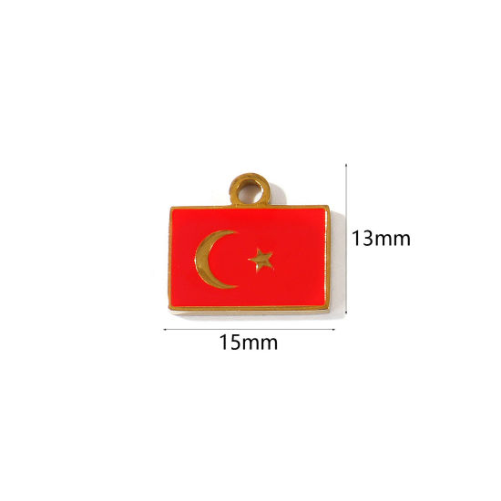 Picture of 2 PCs Eco-friendly PVD 304 Stainless Steel Sport Charms Wholesale 18K Gold Plated Red Enamel Rectangle Turkish Flag 15mm x 13mm