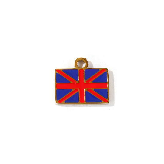 Picture of 2 PCs Eco-friendly PVD 304 Stainless Steel Sport Charms Wholesale 18K Gold Plated Red & Dark Blue Enamel Rectangle Union Jack Flag 15mm x 13mm