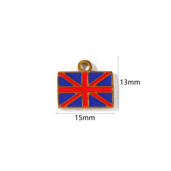 Picture of 2 PCs Eco-friendly PVD 304 Stainless Steel Sport Charms Wholesale 18K Gold Plated Red & Dark Blue Enamel Rectangle Union Jack Flag 15mm x 13mm