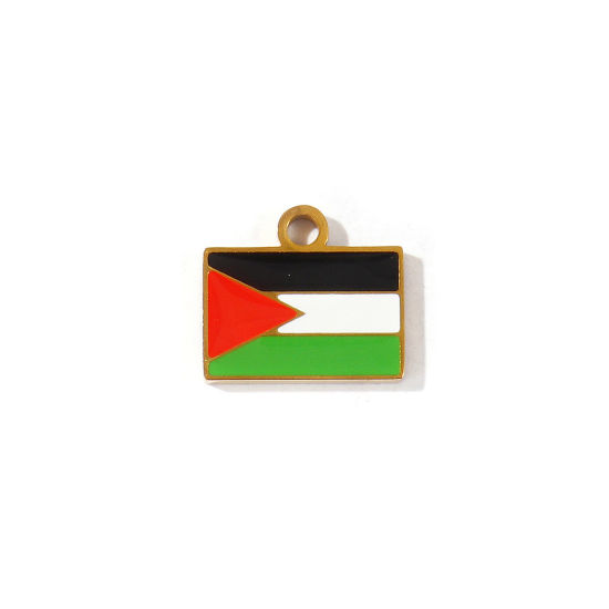 Picture of 2 PCs Eco-friendly PVD 304 Stainless Steel Sport Charms Wholesale 18K Gold Plated Multicolor Enamel Rectangle Palestine Flag 15mm x 13mm
