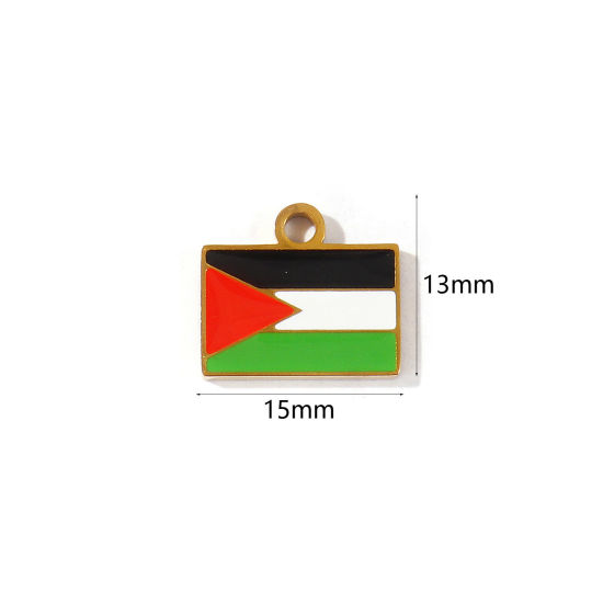 Picture of 2 PCs Eco-friendly PVD 304 Stainless Steel Sport Charms Wholesale 18K Gold Plated Multicolor Enamel Rectangle Palestine Flag 15mm x 13mm