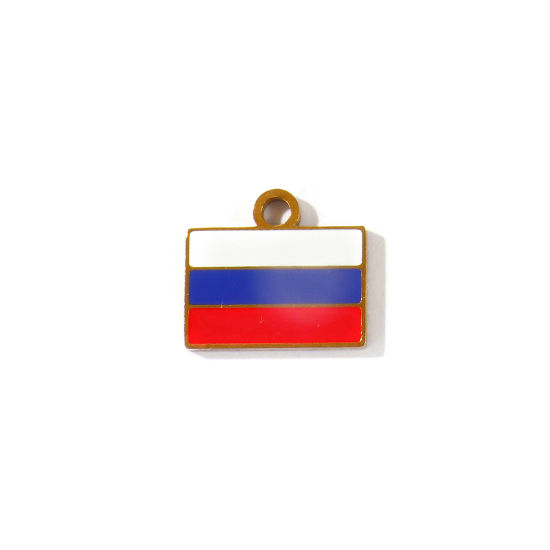 Picture of 2 PCs Eco-friendly PVD 304 Stainless Steel Sport Charms Wholesale 18K Gold Plated Multicolor Enamel Rectangle Russian Flag 15mm x 13mm