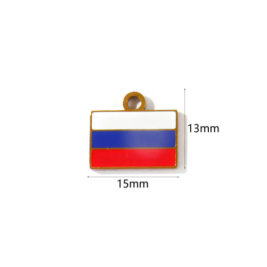 Picture of 2 PCs Eco-friendly PVD 304 Stainless Steel Sport Charms Wholesale 18K Gold Plated Multicolor Enamel Rectangle Russian Flag 15mm x 13mm