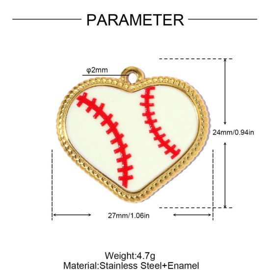 Imagen de 1 Unidad PVD Ecológico 304 Acero Inoxidable Deporte Colgantes Al Por Mayor Chapado en Oro de 18K Rojo Esmalte Corazón Béisbol 27mm x 24mm