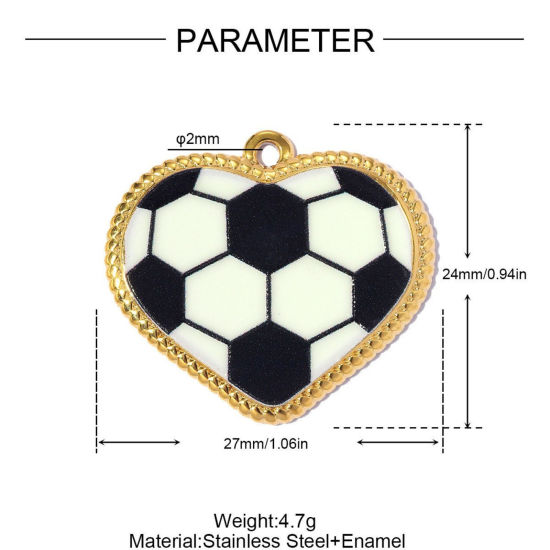 Imagen de 1 Unidad PVD Ecológico 304 Acero Inoxidable Deporte Colgantes Al Por Mayor Chapado en Oro de 18K Negro Esmalte Corazón Fútbol 27mm x 24mm