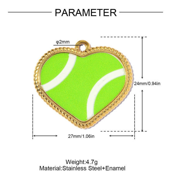 Imagen de 1 Unidad PVD Ecológico 304 Acero Inoxidable Deporte Colgantes Al Por Mayor Chapado en Oro de 18K Verde Esmalte Corazón Pelota de Tenis 27mm x 24mm