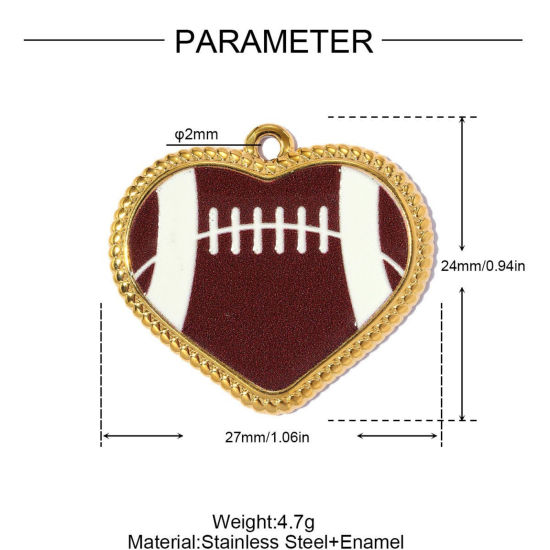 Imagen de 1 Unidad PVD Ecológico 304 Acero Inoxidable Deporte Colgantes Al Por Mayor Chapado en Oro de 18K Café Esmalte Corazón Rugby 27mm x 24mm