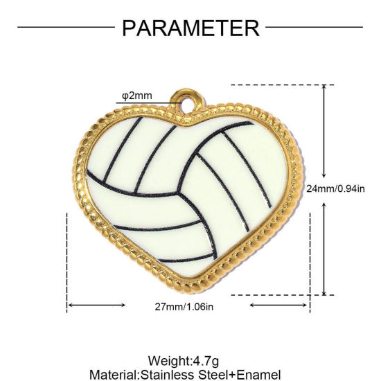 Imagen de 1 Unidad PVD Ecológico 304 Acero Inoxidable Deporte Colgantes Al Por Mayor Chapado en Oro de 18K Blanco Crema Esmalte Corazón Voleibol 27mm x 24mm