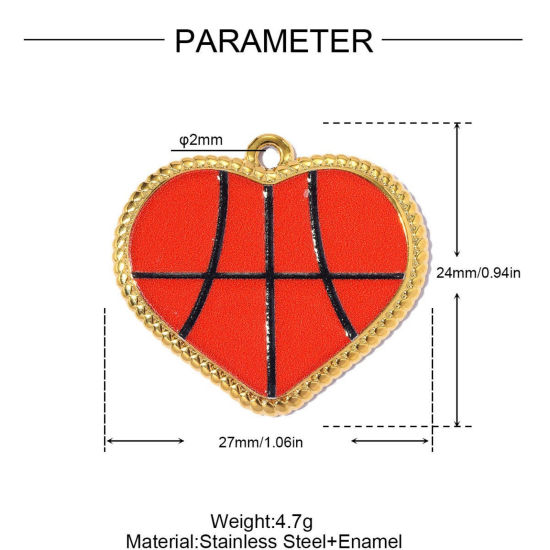 Imagen de 1 Unidad PVD Ecológico 304 Acero Inoxidable Deporte Colgantes Al Por Mayor Chapado en Oro de 18K Naranja Esmalte Corazón Baloncesto 27mm x 24mm