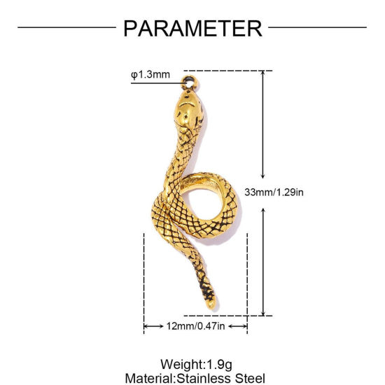 1 個 エコフレンドリー PVD 304ステンレス鋼 チャーム 卸売り 18Kゴールドメッキ ヘビ 33mm x 12mm、 の画像