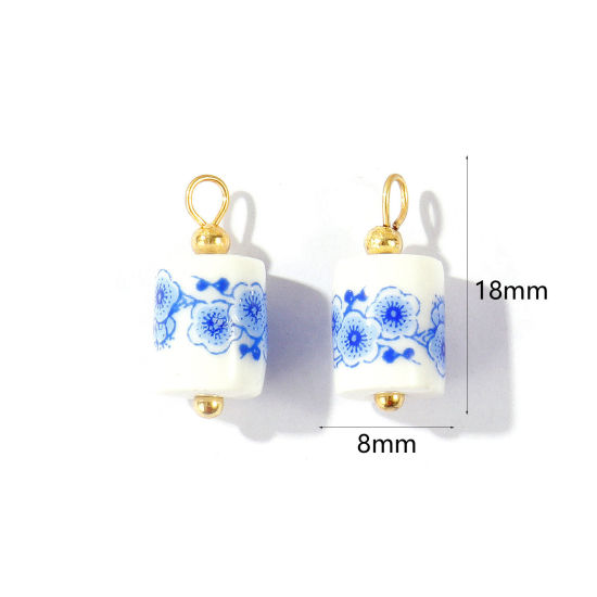 Bild von 10 Stück Umweltfreundlich Keramik und Messing Cloisonné Charms Großhandel 18K Echtgold plattiert Weiß & Blau Zylinder Blumen 18mm x 8mm