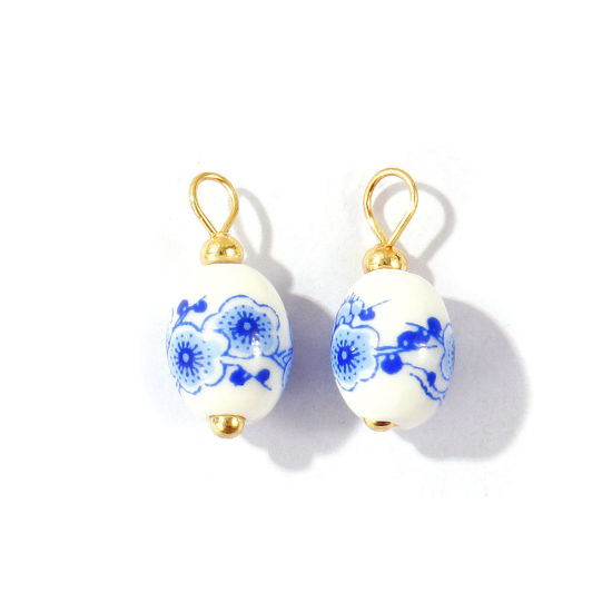Bild von 10 Stück Umweltfreundlich Keramik und Messing Cloisonné Charms Großhandel 18K Echtgold plattiert Weiß & Blau Oval Blumen 18mm x 8mm