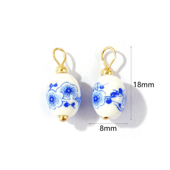 Bild von 10 Stück Umweltfreundlich Keramik und Messing Cloisonné Charms Großhandel 18K Echtgold plattiert Weiß & Blau Oval Blumen 18mm x 8mm