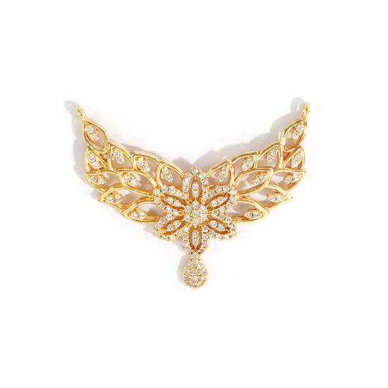 Image de 1 Pièce Connecteurs Pendentifs Breloques En Gros Respectueux de la Nature en Laiton Plaqué Or Véritable 18K Feuilles de Fleur Creux à Zircone Cubique Clair 3.9cm x 3.2cm